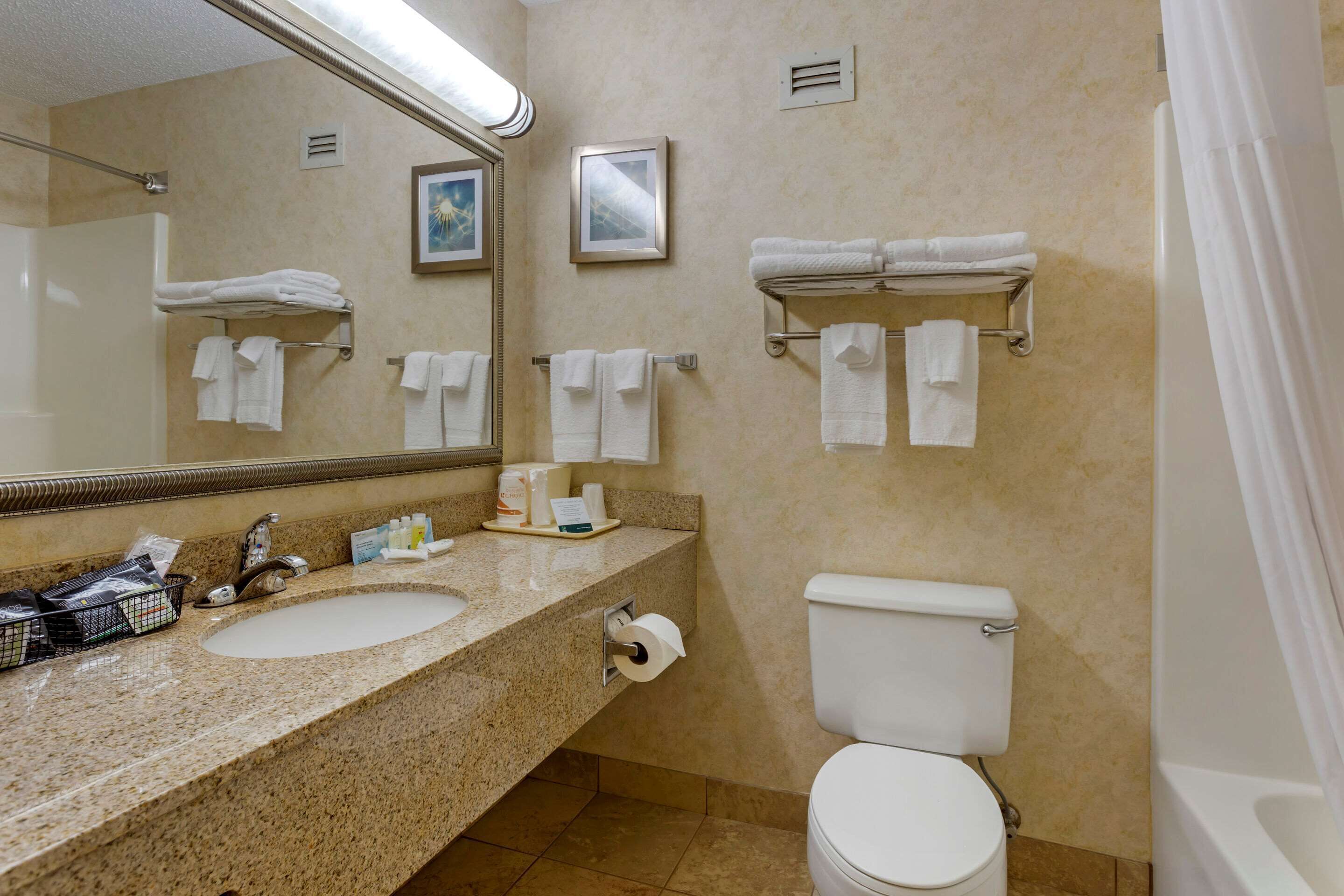 combined shower/bathtub, free toiletries, hair dryer, towels