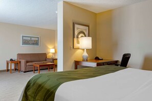 A hotel room with a bed, a desk, a chair, a sofa, and a lamp.