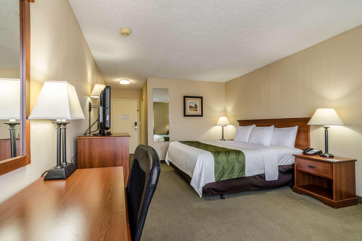 A hotel room with a bed, a desk, a chair, a telephone, and a television.