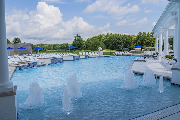 Indoor pool, seasonal outdoor pool, pool umbrellas, pool loungers