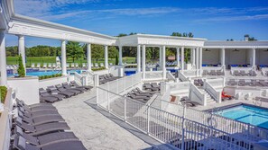 Indoor pool, seasonal outdoor pool, pool umbrellas, pool loungers