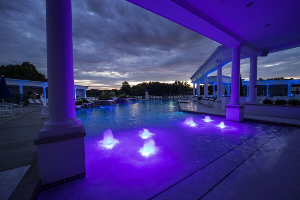 Indoor pool, seasonal outdoor pool, pool umbrellas, pool loungers