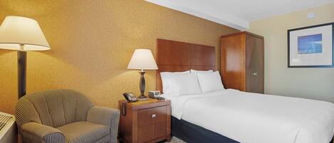 Habitación de hotel con cama, mesita de noche con lámpara, una silla y armario.