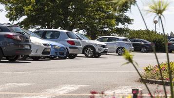 A parking lot with several cars and a row of trees in the background.