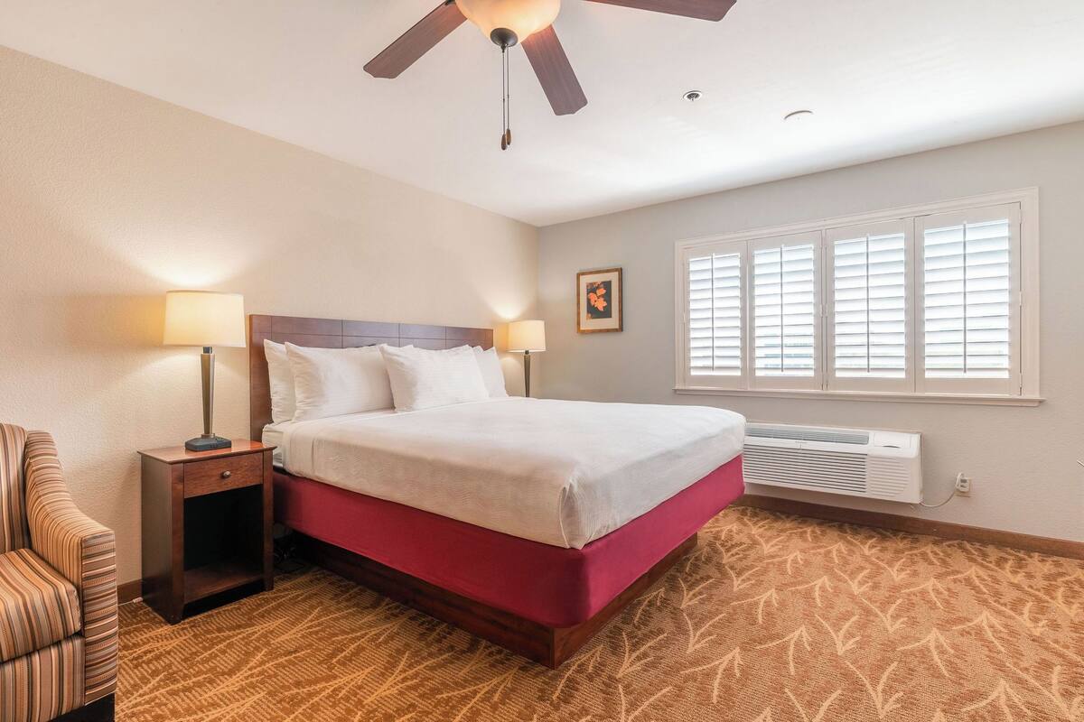 Habitación de hotel con cama, dos mesitas de noche con lámparas, ventilador de techo, ventana con persianas y suelo alfombrado.