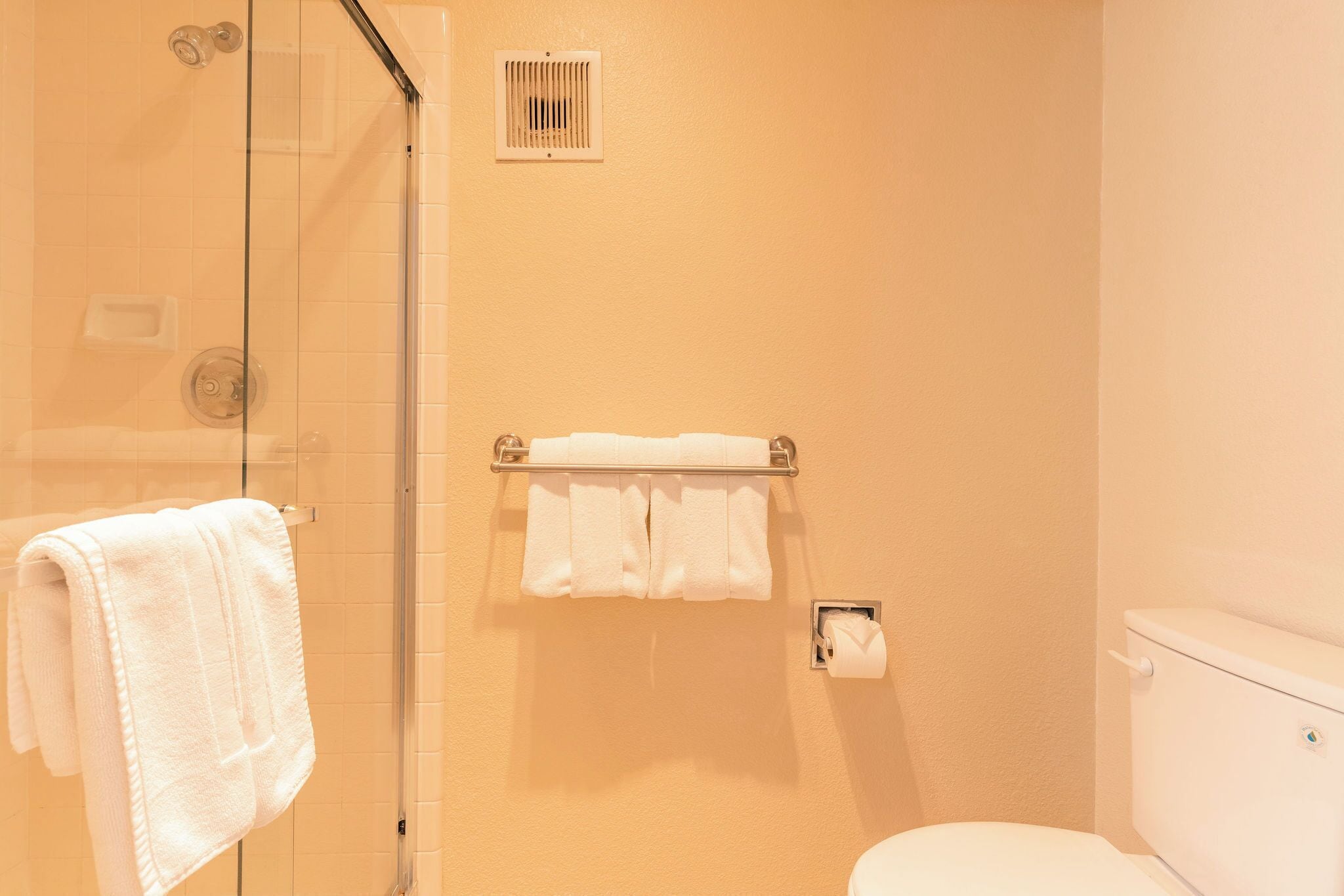 Un baño con ducha envuelta en vidrio, inodoro y un perchero con dos toallas.