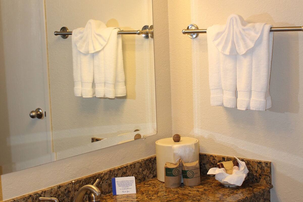 shower, eco-friendly toiletries, hair dryer, towels