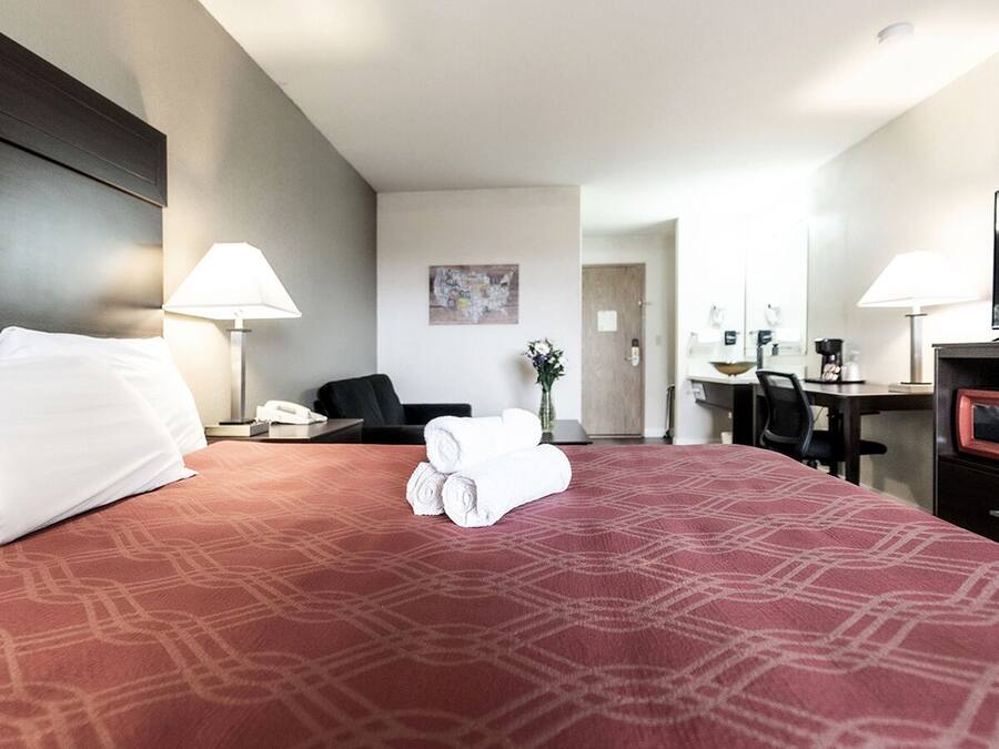 Habitación de hotel con una cama grande, un escritorio con silla, televisor y microondas.
