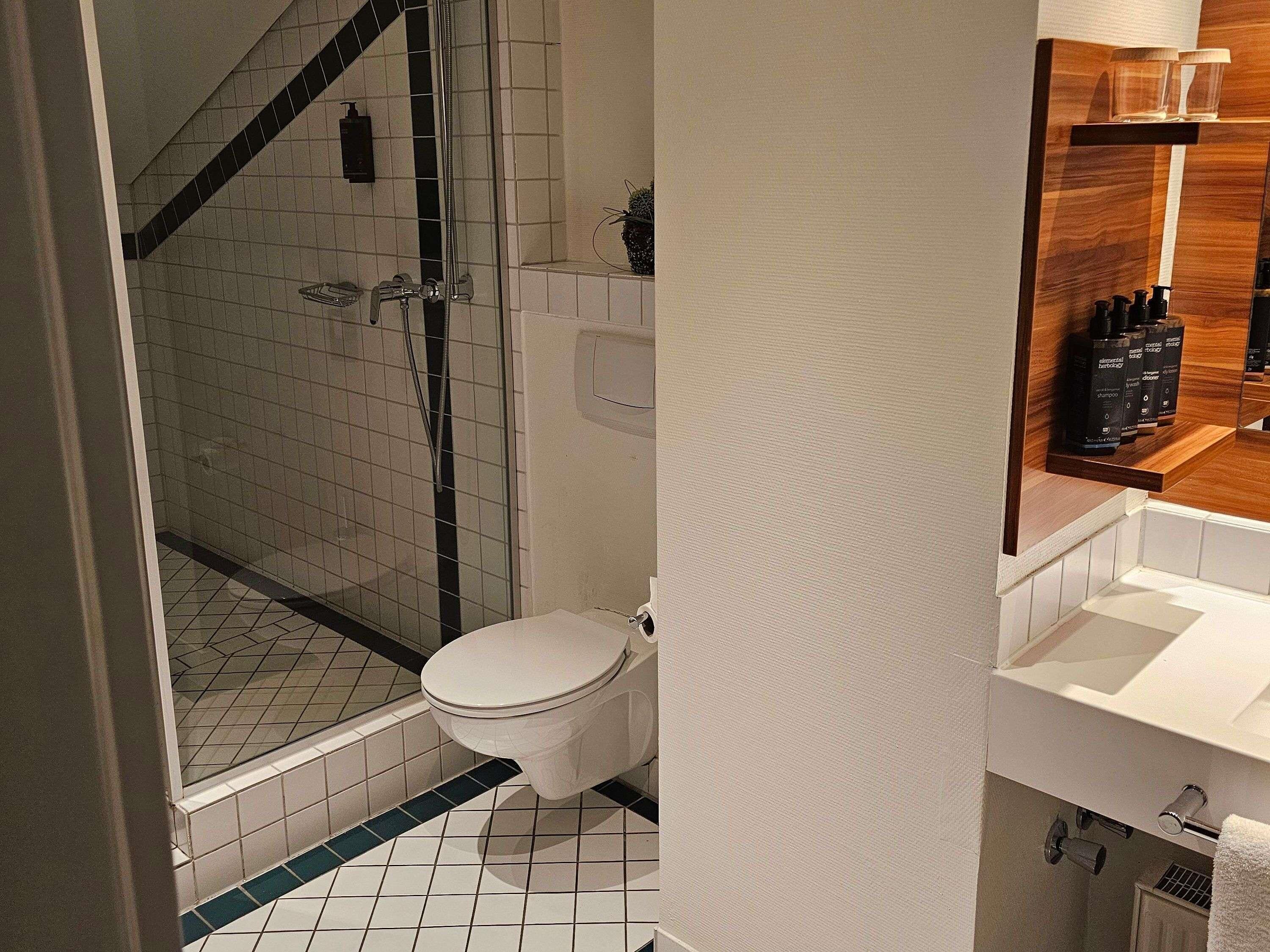Un baño con ducha, inodoro y un espejo con repisa de madera encima.