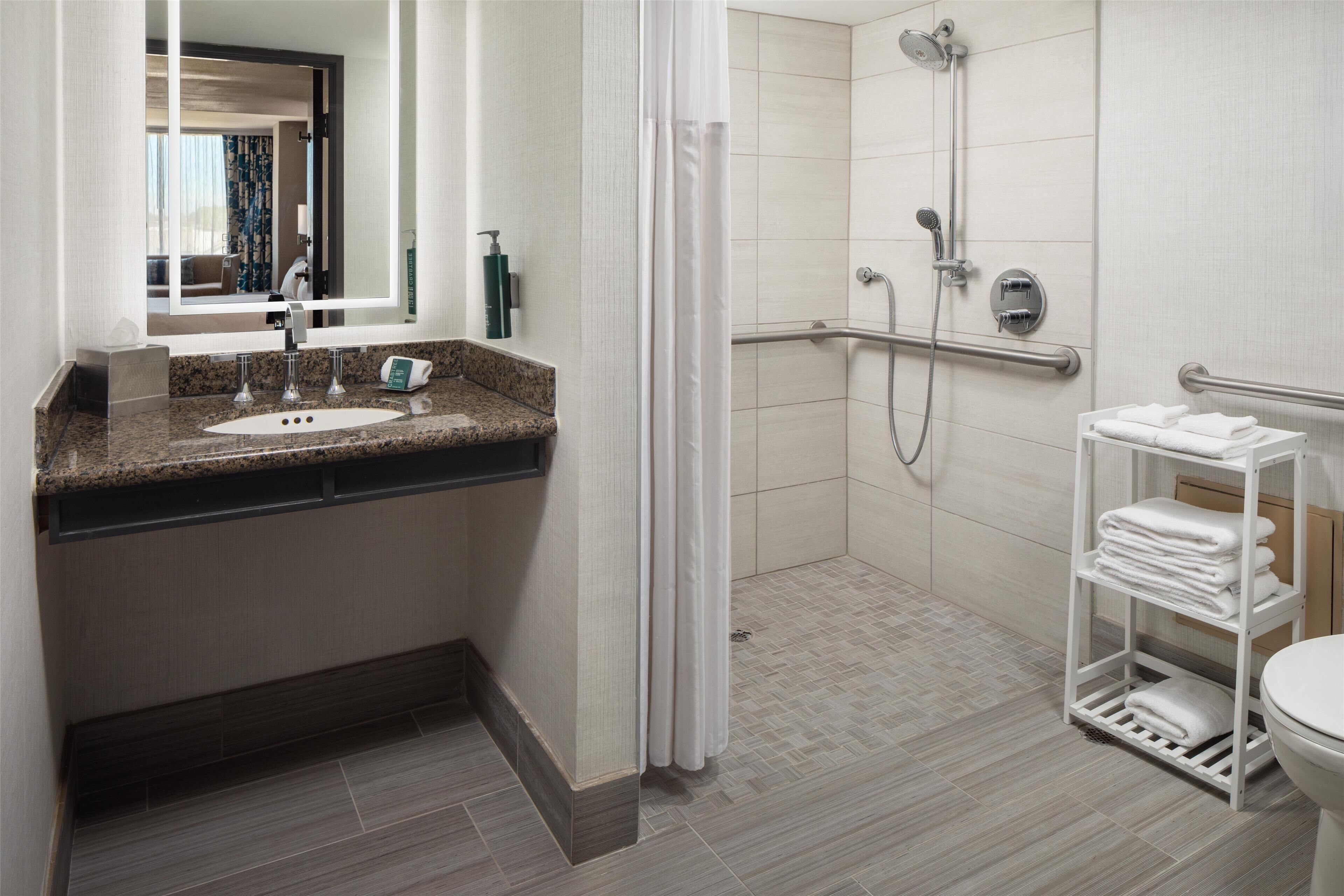 combined shower/bathtub, designer toiletries, hair dryer, towels