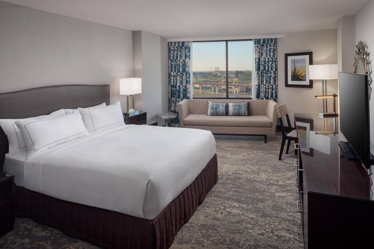A hotel room with a large bed, a sofa, a TV, and a view of the cityscape.