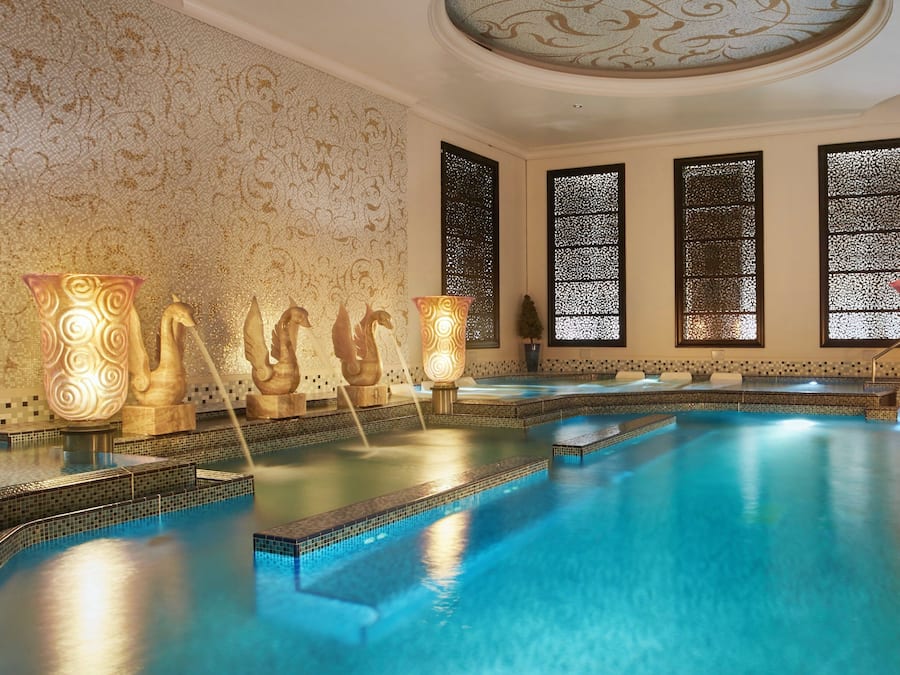 Indoor pool, outdoor pool, pool umbrellas, pool loungers