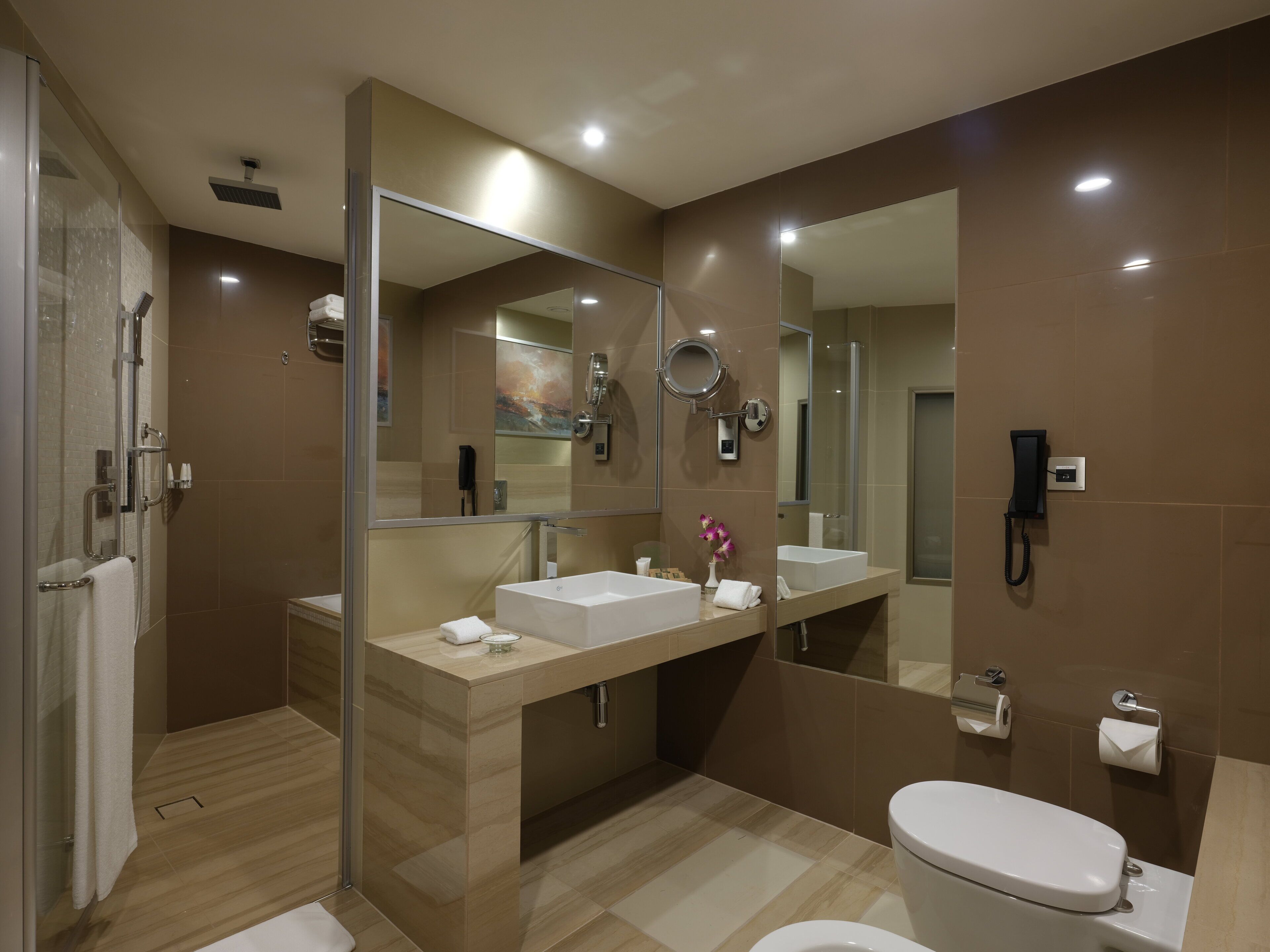 A modern bathroom with a glass-enclosed shower, a large mirror, a vanity with a sink, and a toilet.