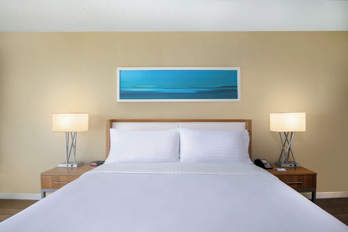 Un cuarto de hotel con una cama grande, dos mesitas de noche con lámparas, un cuadro en la pared y un cabecero de madera.