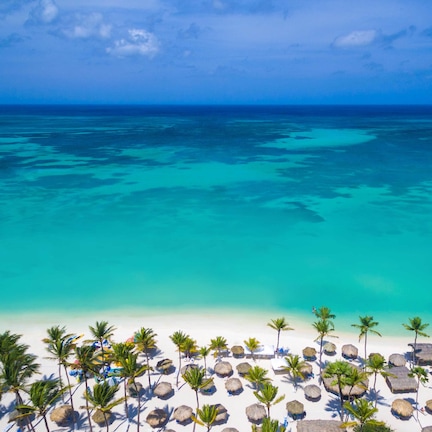 A beach with clear turquoise waters, white sand, and palm trees.