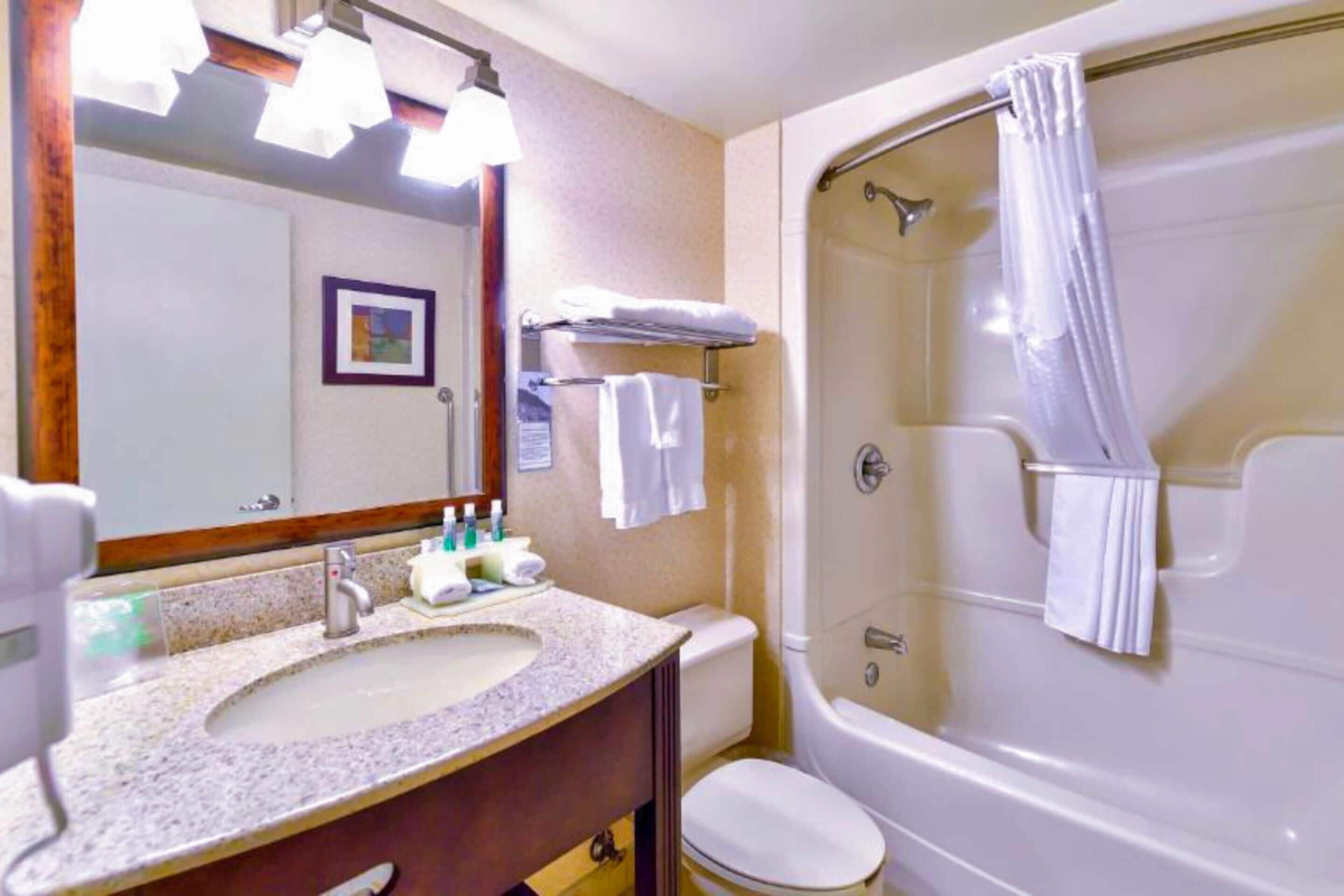 Un baño con lavabo, espejo y ducha.
