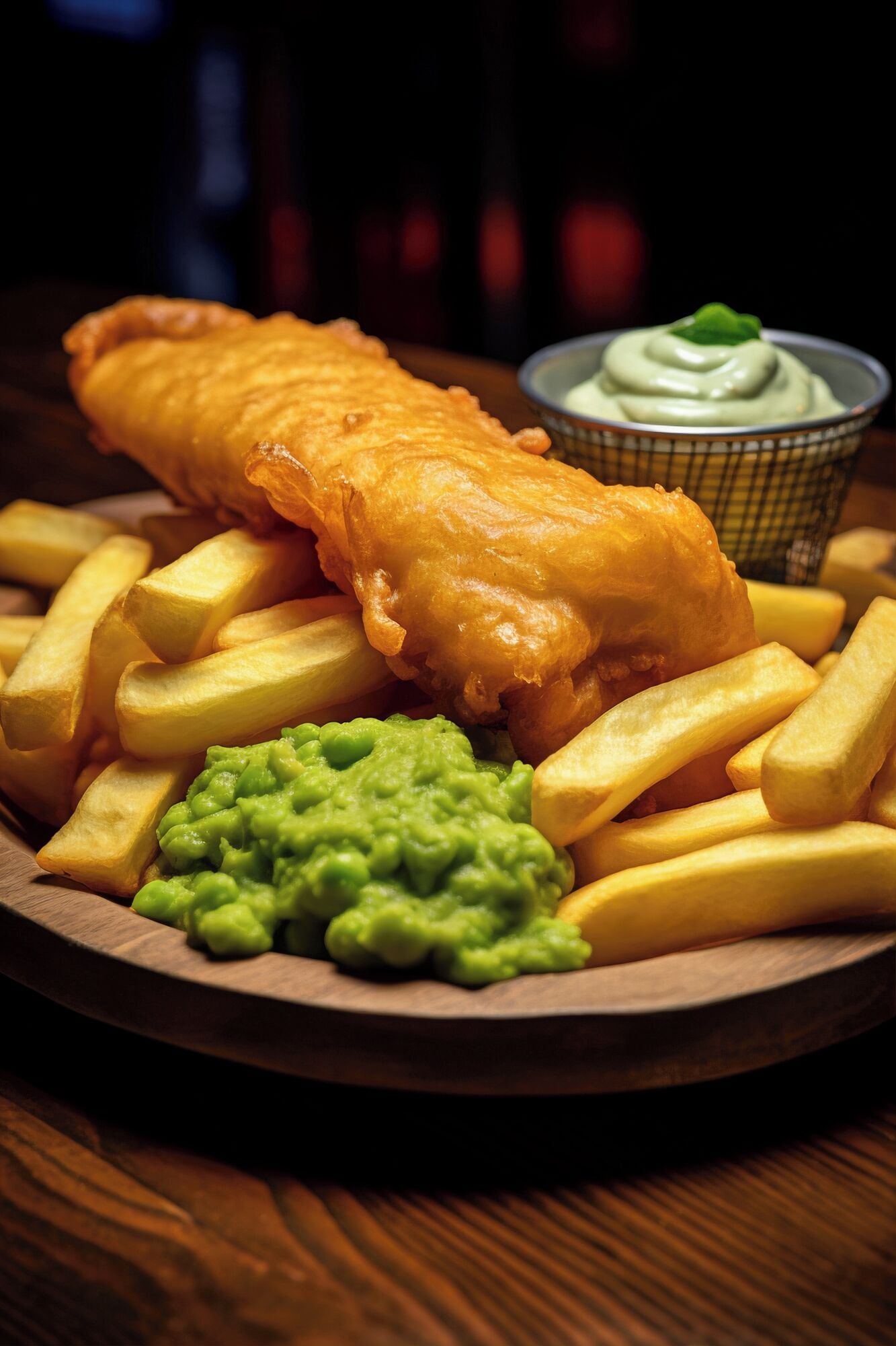 Une assiette de poisson-frites accompagnée d’une portion de purée de petits pois et de sauce tartare.