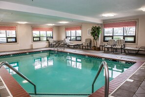 A swimming pool with a tiled edge, surrounded by lounge chairs and a potted plant.