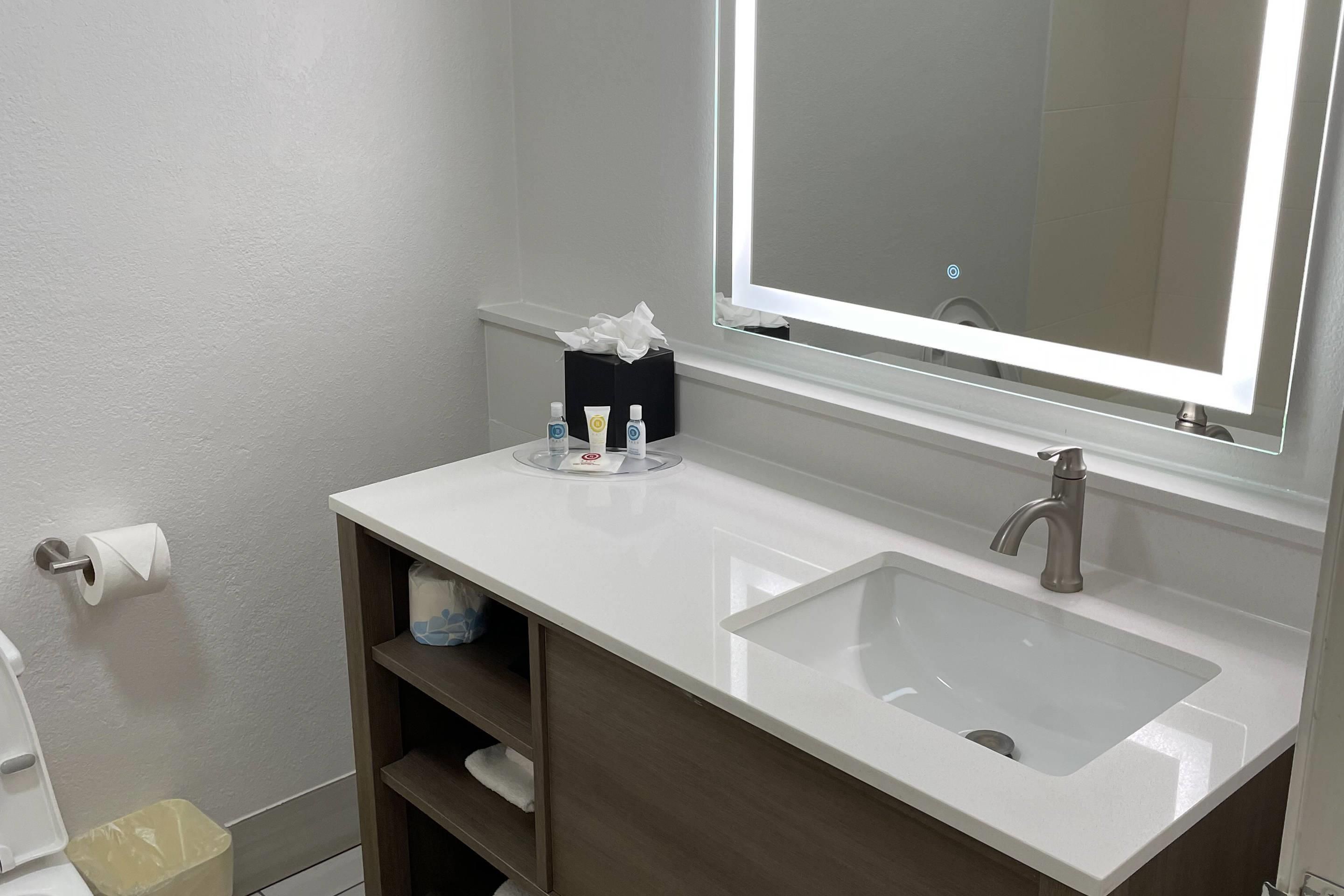 A bathroom with a white sink, a mirror, and a toilet.