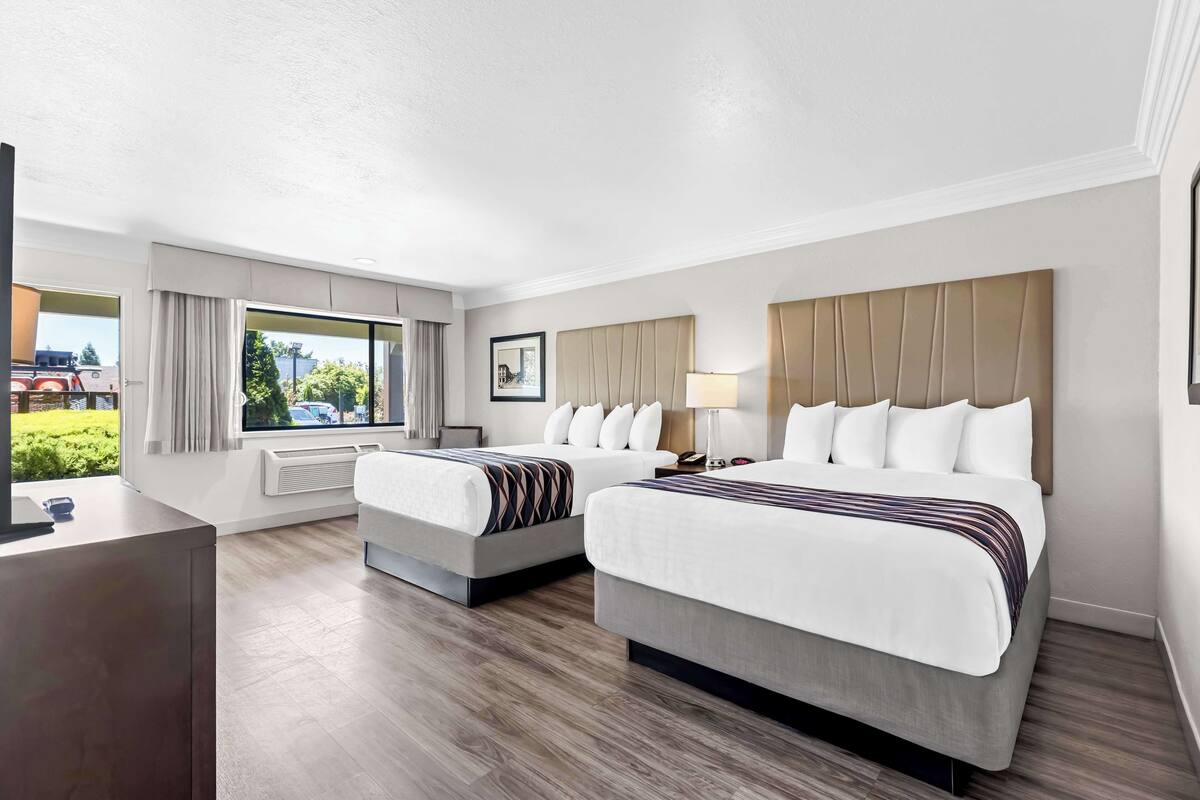 A hotel room with two beds, a desk, a window with curtains, and a view of greenery outside.