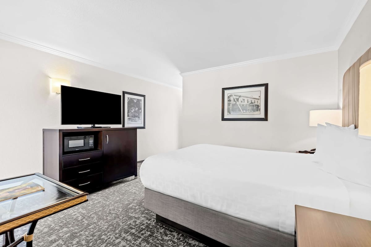 A hotel room with a bed, a TV on a stand, a desk with a chair, and two framed pictures on the wall.