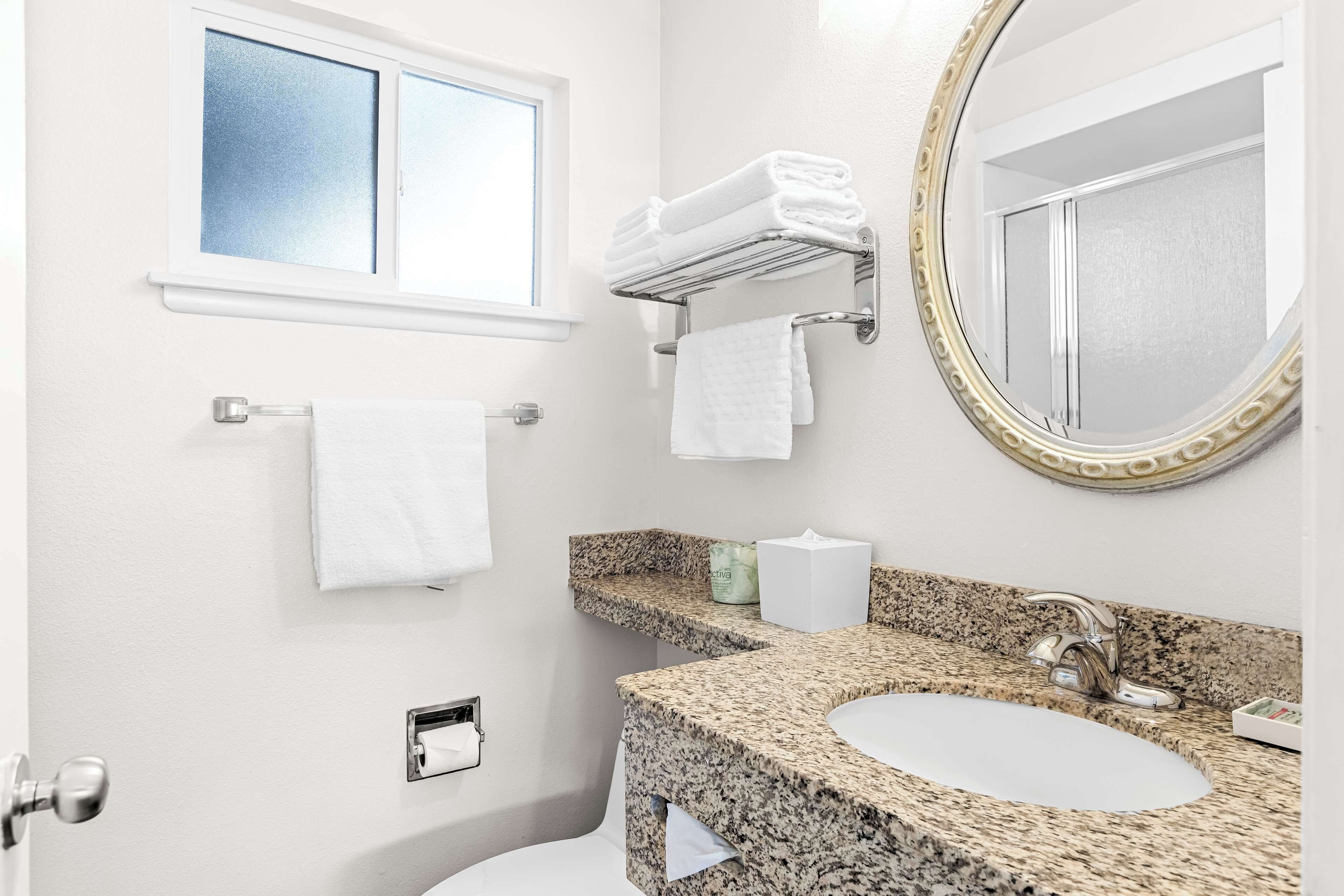 free toiletries, hair dryer, towels