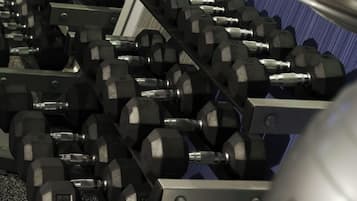 Un gimnasio con filas de mancuernas y pelotas de ejercicio.