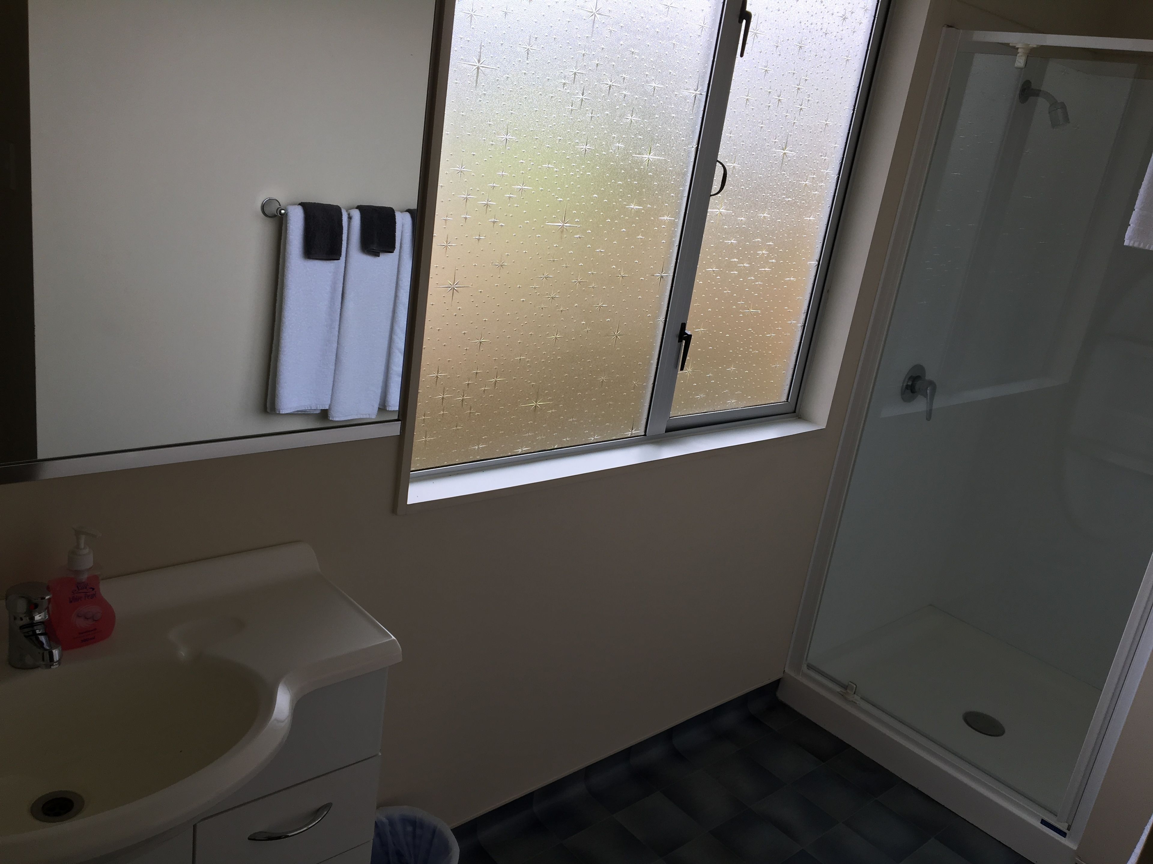 A bathroom with a sink, a window with frosted glass, and a shower area.