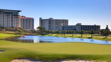 Enjoy a serene golf experience surrounded by lush greenery and tranquil water features.