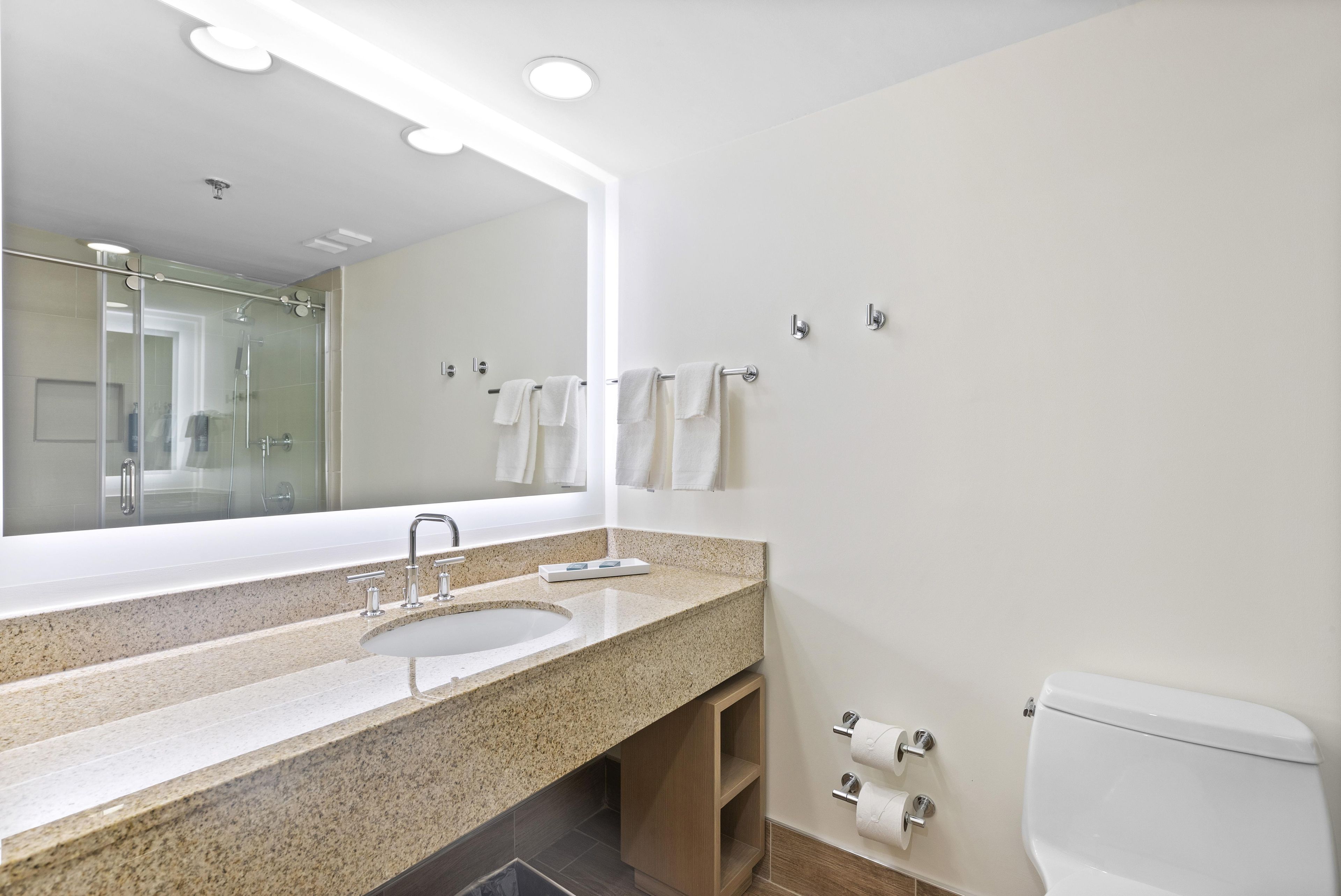 A modern bathroom with a granite countertop, a large mirror, a shower, and a toilet.