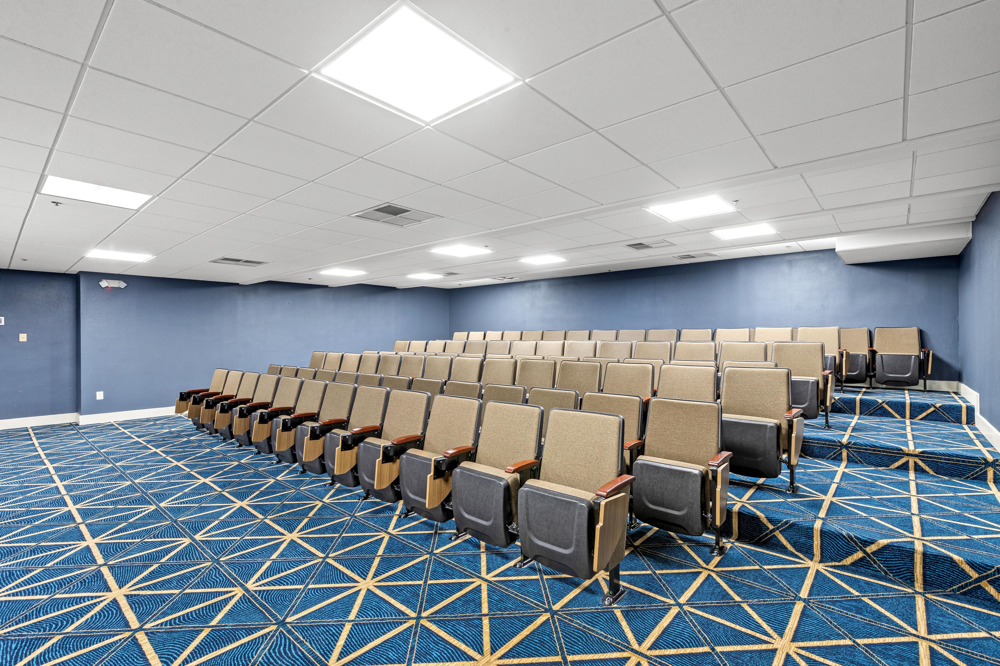 Una sala conferenze con file di sedie, un tappeto decorato e una parete blu.