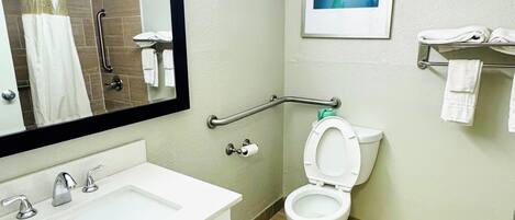 A bathroom with a white sink, a toilet, a shower with a glass door, a handrail, and a framed picture on the wall.