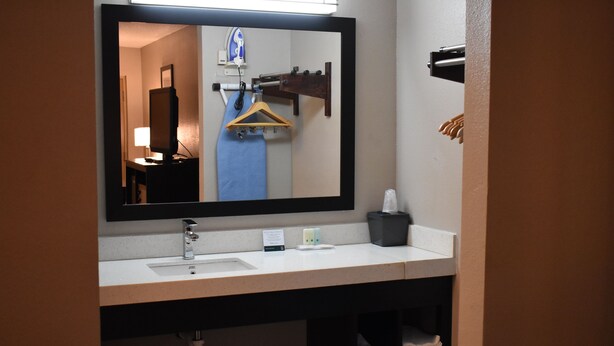 Une salle de bain avec un grand miroir, un lavabo, un porte-serviettes et un portant à vêtements.