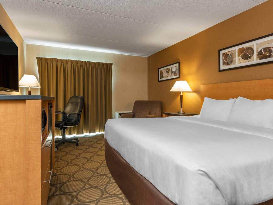 Habitación de hotel con una cama grande, un escritorio con televisor, una silla, una lámpara de escritorio y un cuadro colgado en la pared.