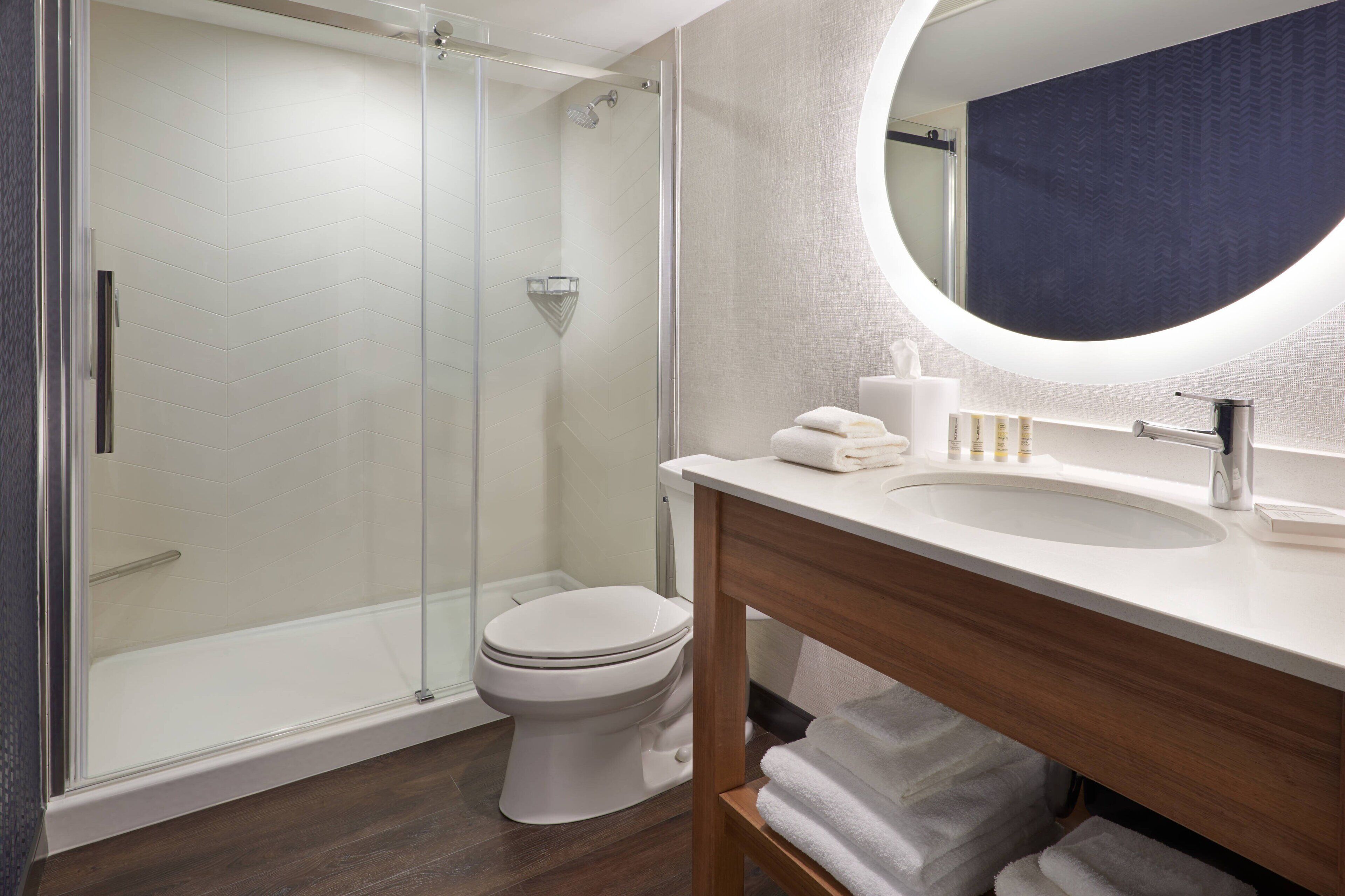 shower, eco-friendly toiletries, hair dryer, towels