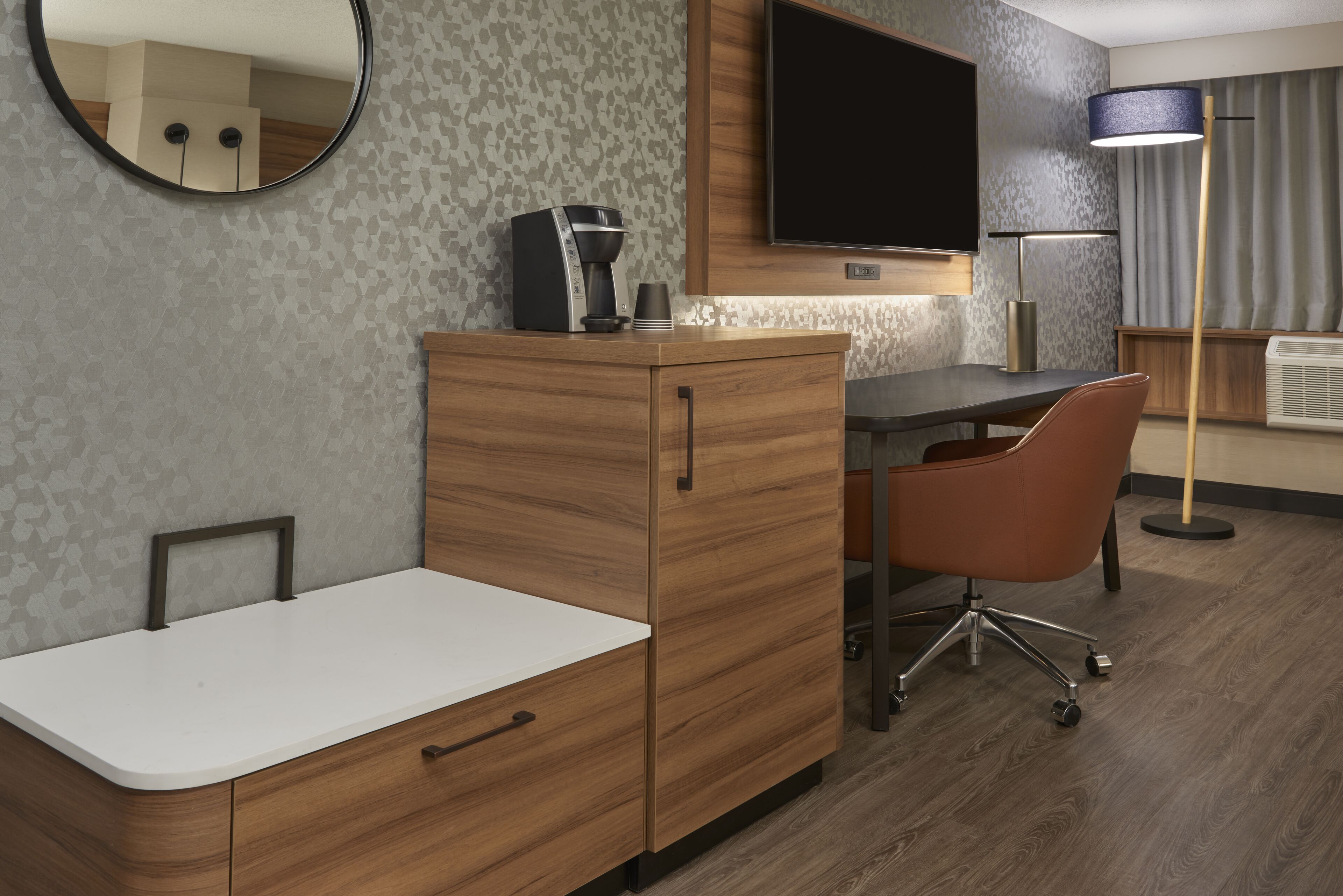 desk, blackout curtains, soundproofing, iron/ironing board