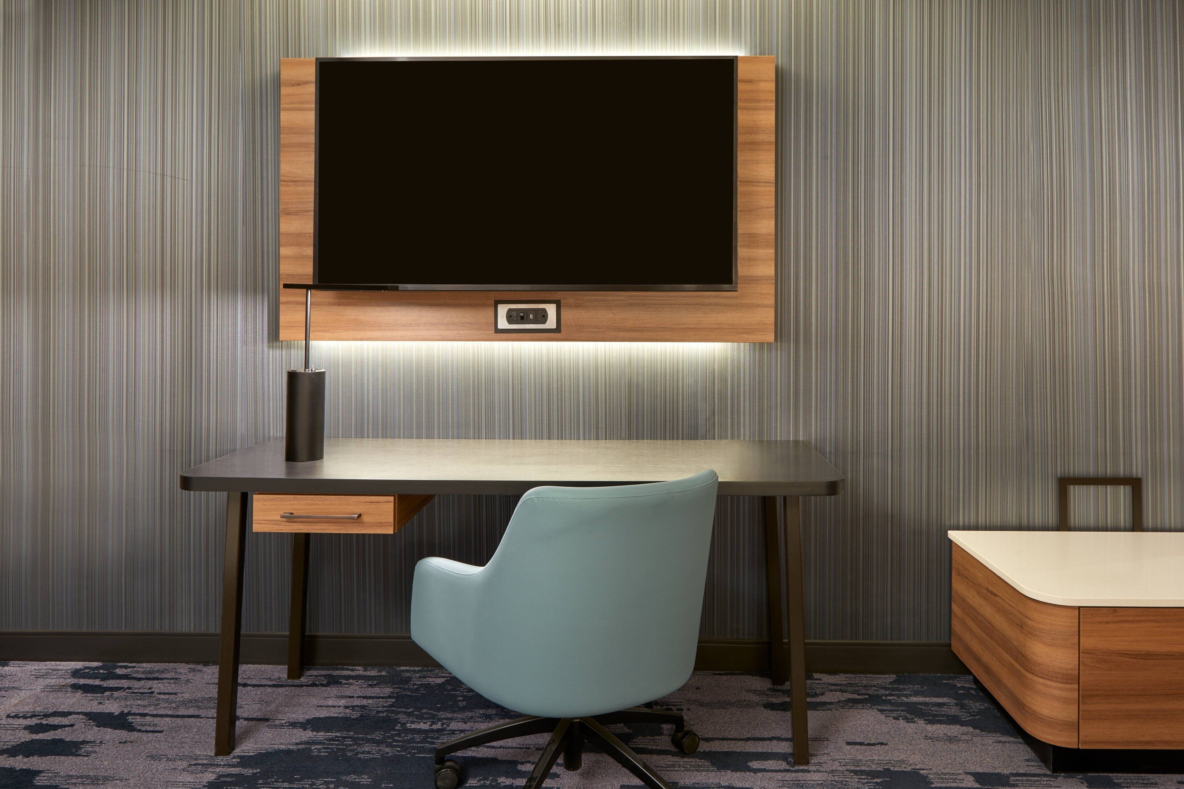 desk, blackout curtains, soundproofing, iron/ironing board