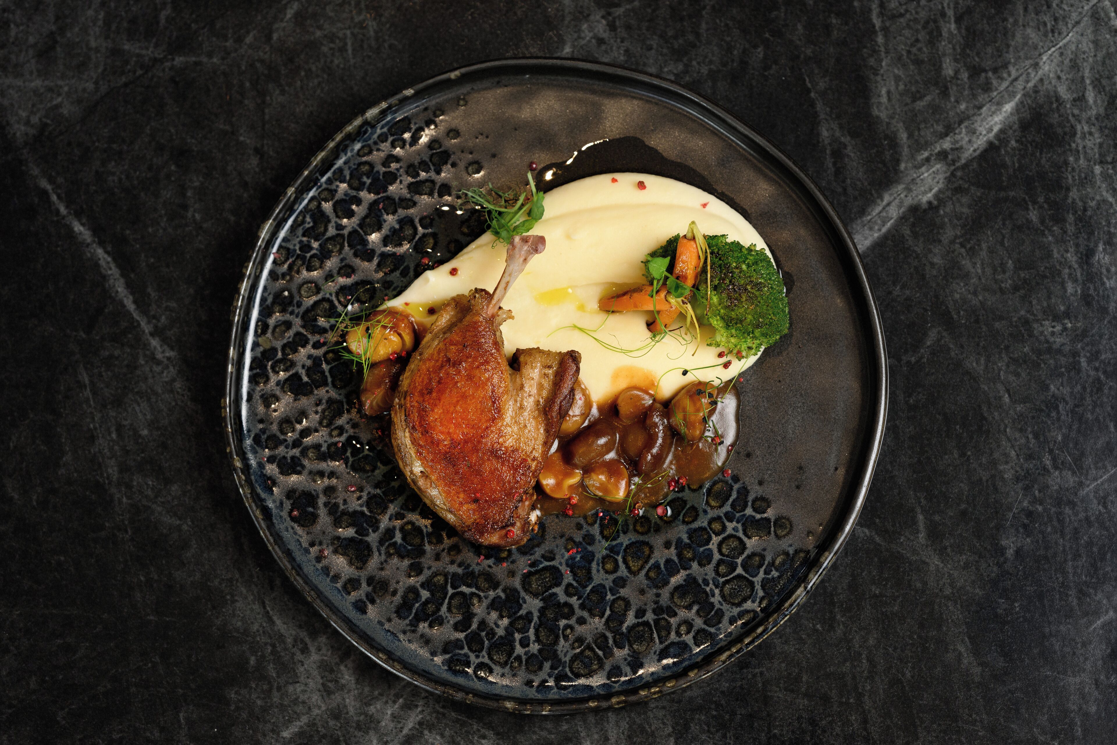 A plate of food with a duck, vegetables, and sauce on a textured plate.