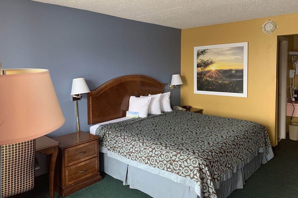A hotel room with a bed, bedside lamps, a nightstand, a wall-mounted telephone, and a painting.