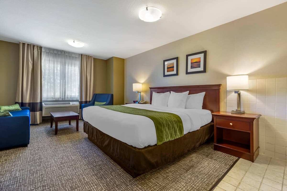 A hotel room with a bed, a desk, a chair, a lamp, and two framed pictures on the wall.