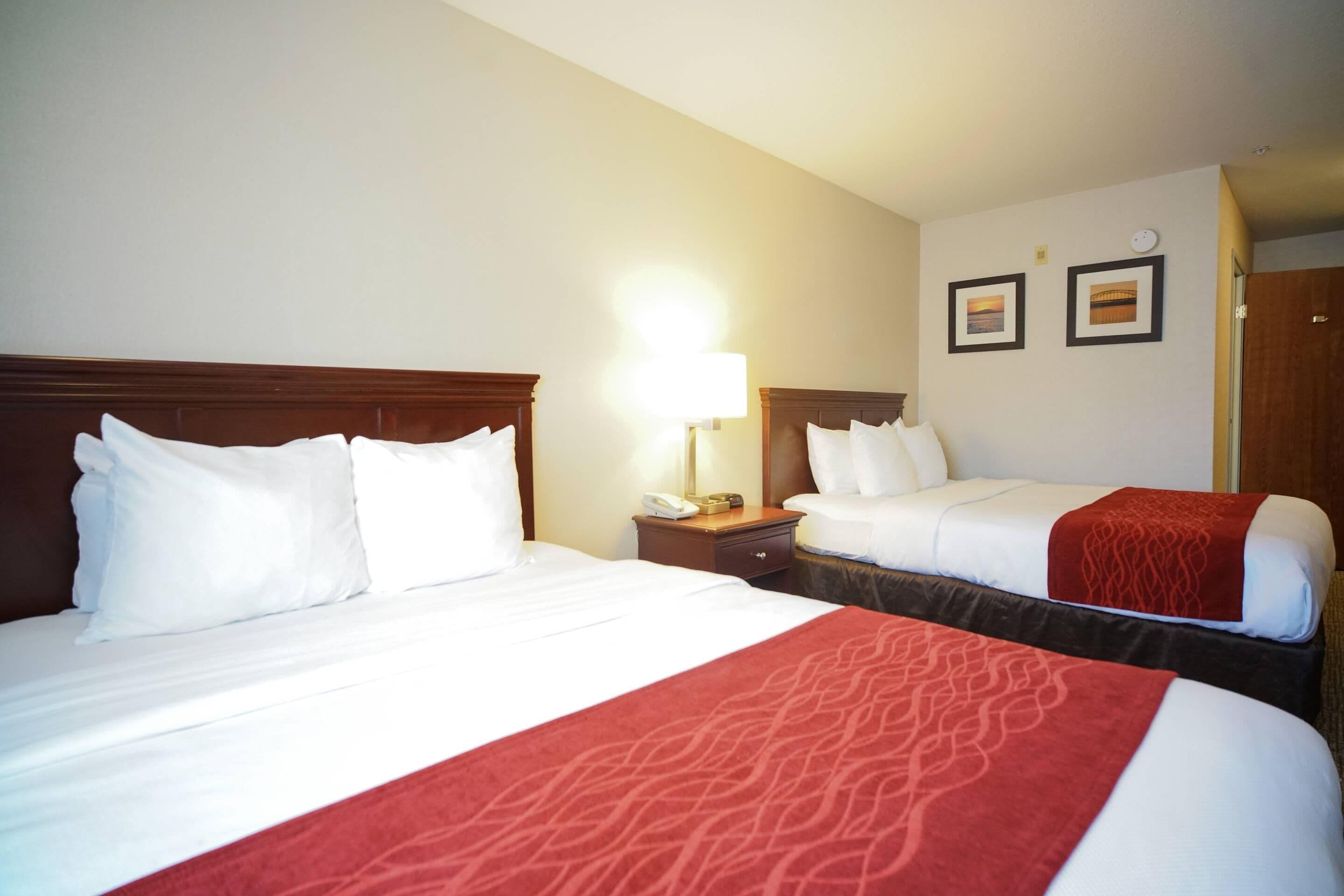 Quarto de hotel com duas camas, uma mesinha de cabeceira com abajur e dois quadros na parede.