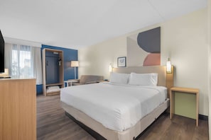 Habitación, 1 cama King size y sofá cama | Área de sala de estar | Televisión de pantalla plana de 31 pulgadas con canales vía satélite