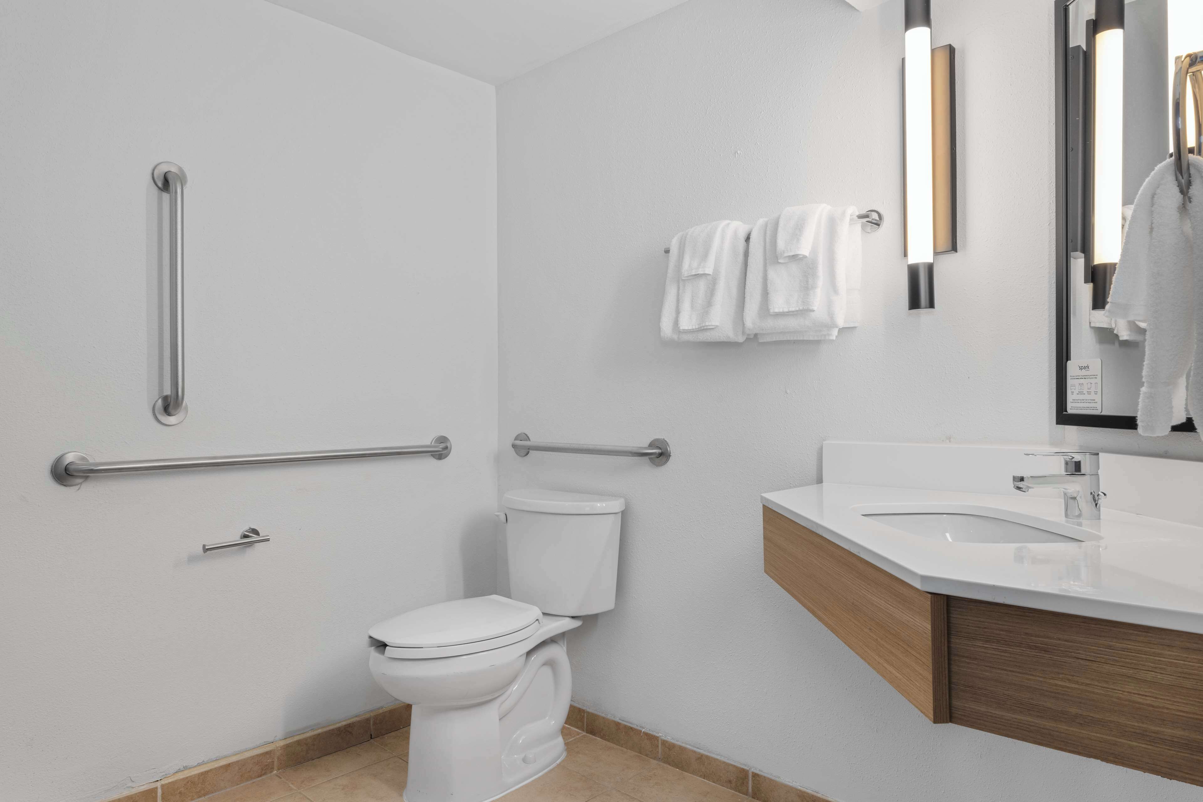 A modern bathroom with a white toilet, grab bars, a sink, and a mirror.