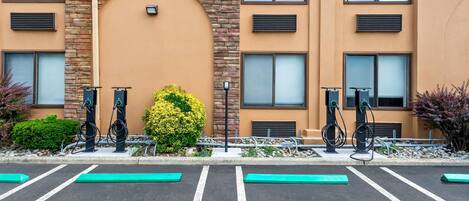 A parking lot with electric vehicle charging stations, a brick building with large windows, and a small bush.