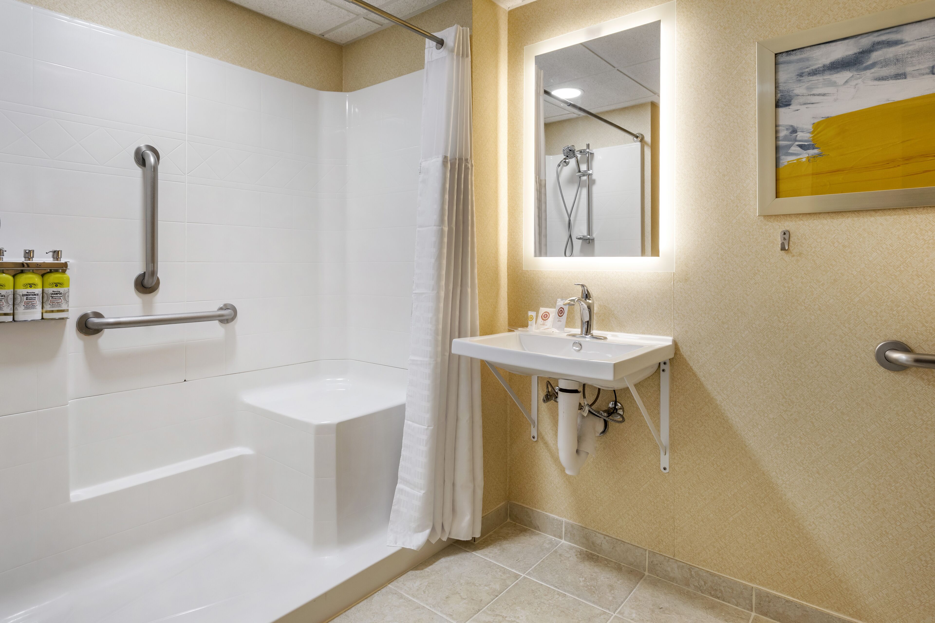 eco-friendly toiletries, hair dryer, towels