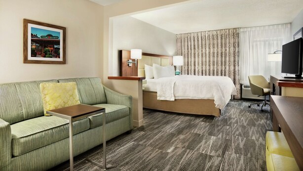 Una habitación de hotel con una cama, un sofá, un escritorio y un televisor.