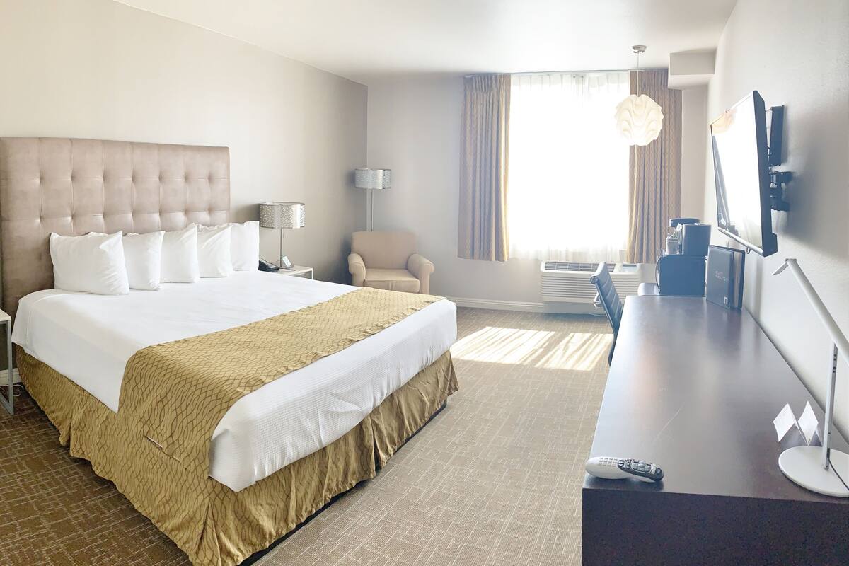 A hotel room with a large bed, a desk, a chair, a TV, and a window with curtains.
