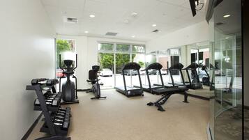 A gym with treadmills, elliptical machines, and weight benches.