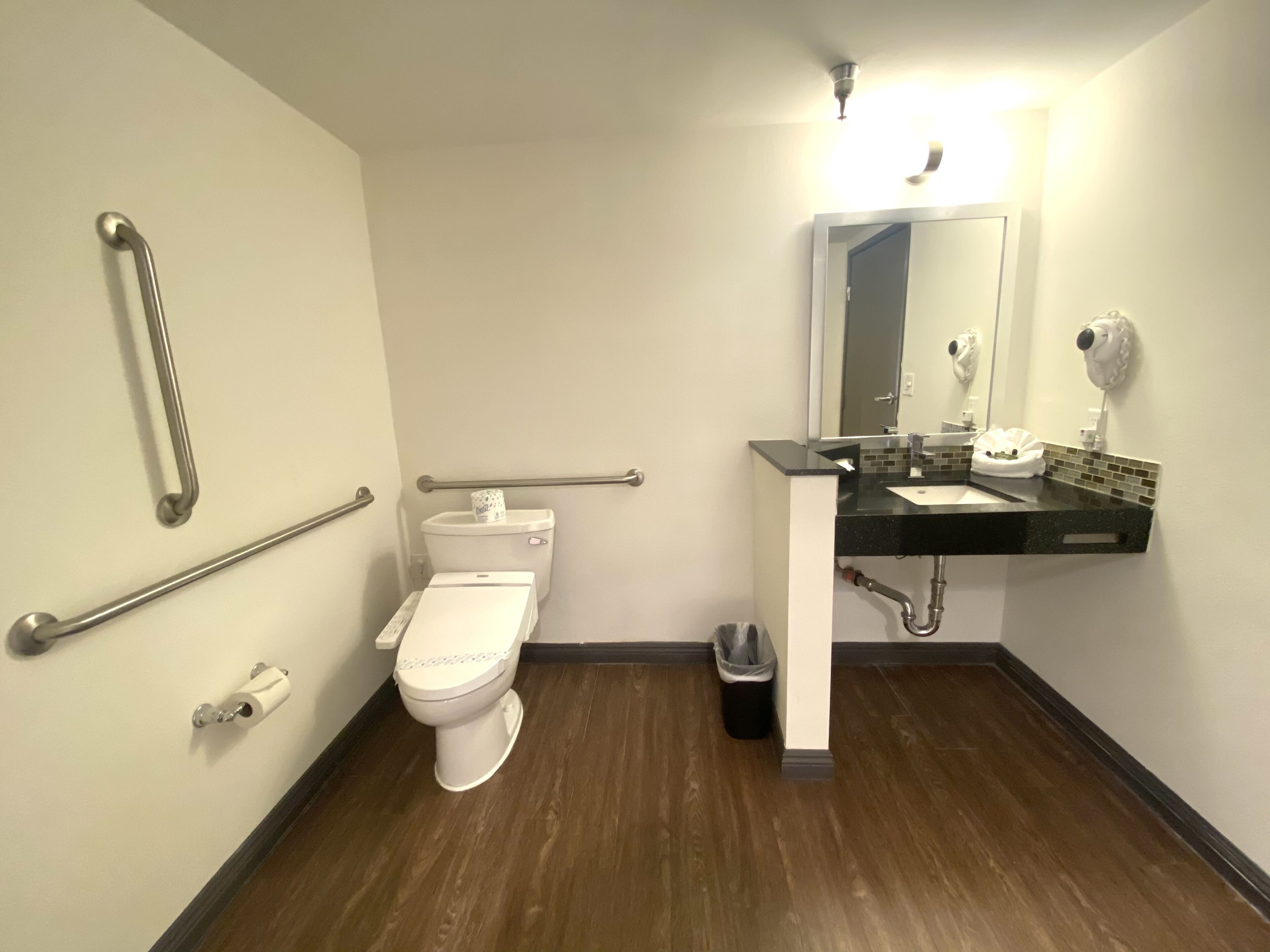Bany amb vàter, baranes, un lavabo, un mirall i un dispensador de tovallons.