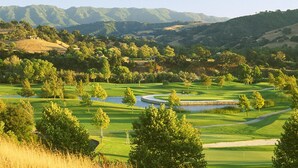 A golf course with rolling hills, a pond, and trees.